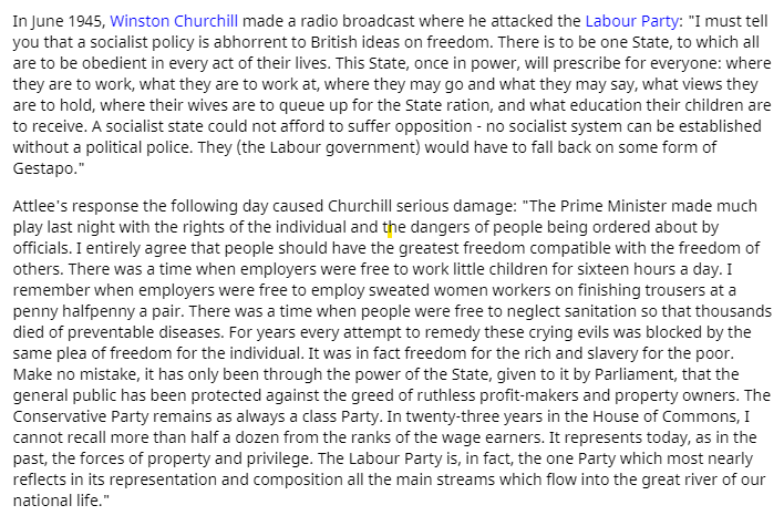 "It was in fact freedom for the rich and slavery for the poor. Make no mistake, it has only been through the power of the State, given to it by Parliament, that the general public has been protected against the greed of ruthless profit-makers and property owners." - Attlee