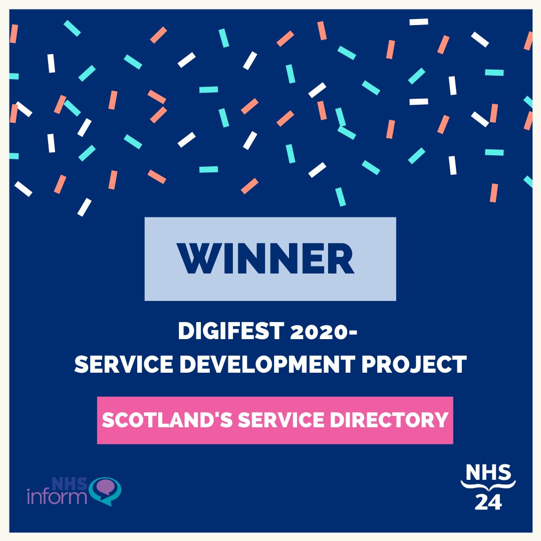 We were delighted to see the Scotland's Service Directory team win in the Service Development Project category at this year's Digifest 2020. Well done @jenniferjNHS24 @SaraMcL82 #ScotlandsServiceDirectory @TECScotland @macmillanscot @alissprogramme #24people 🌈😍