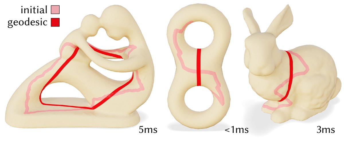 Once we have a subroutine that provably makes the path shorter in a local region, we can just apply it repeatedly until the path is a geodesic.The same basic procedure generalizes immediately to loops, or even networks of paths and loops along a surface. (4/N)