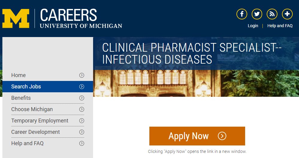 We are hiring an Infectious Diseases clinical pharmacist at Michigan Medicine. Come join our team!
careers.umich.edu/job_detail/191…