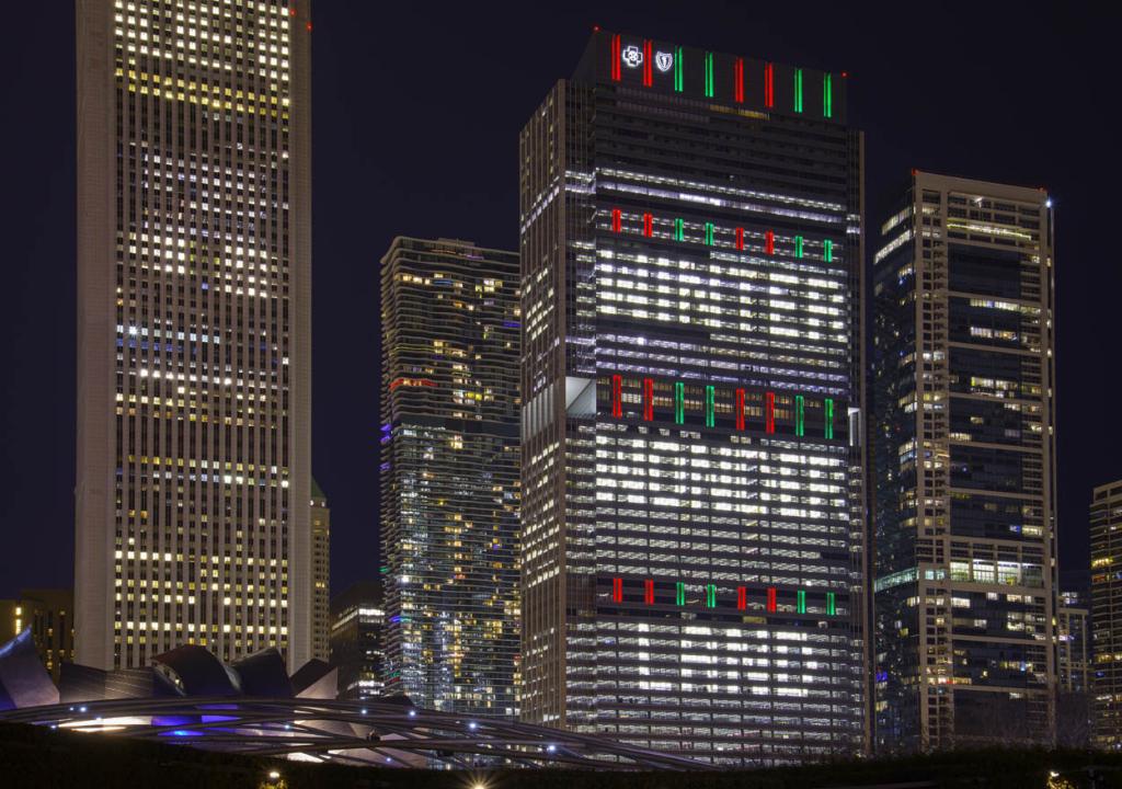 BCBSIL's tweet photo. All month long we will be lighting our #Chicago HQ with special #holiday messages on the weekends! Jingle bells or O’Christmas tree, what will tonight’s lighting be? https://t.co/GhoH13uRDT