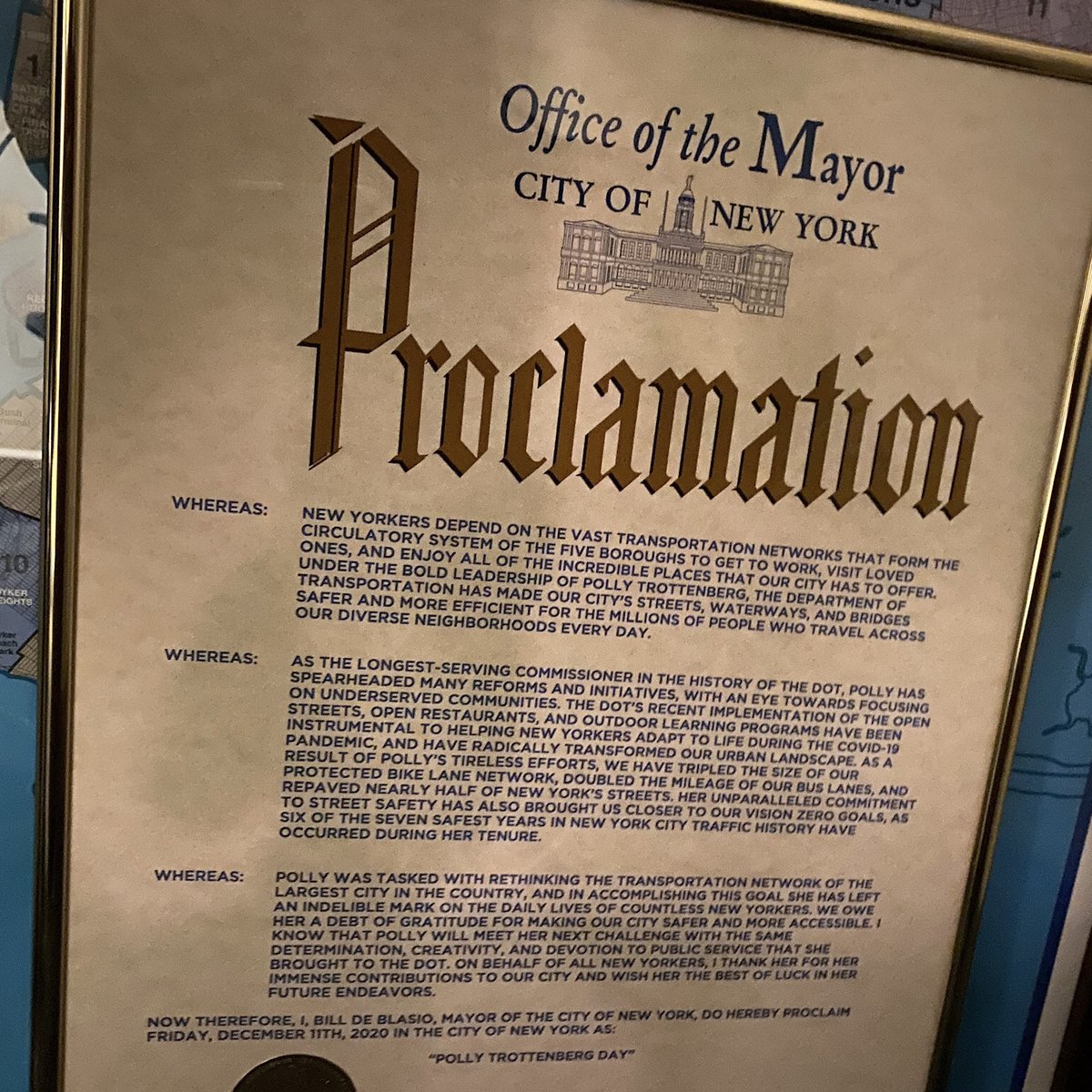 A photo of a proclamation from the office of the mayor of the city of new york declaring december 11, 2020 Polly Trottenberg Day