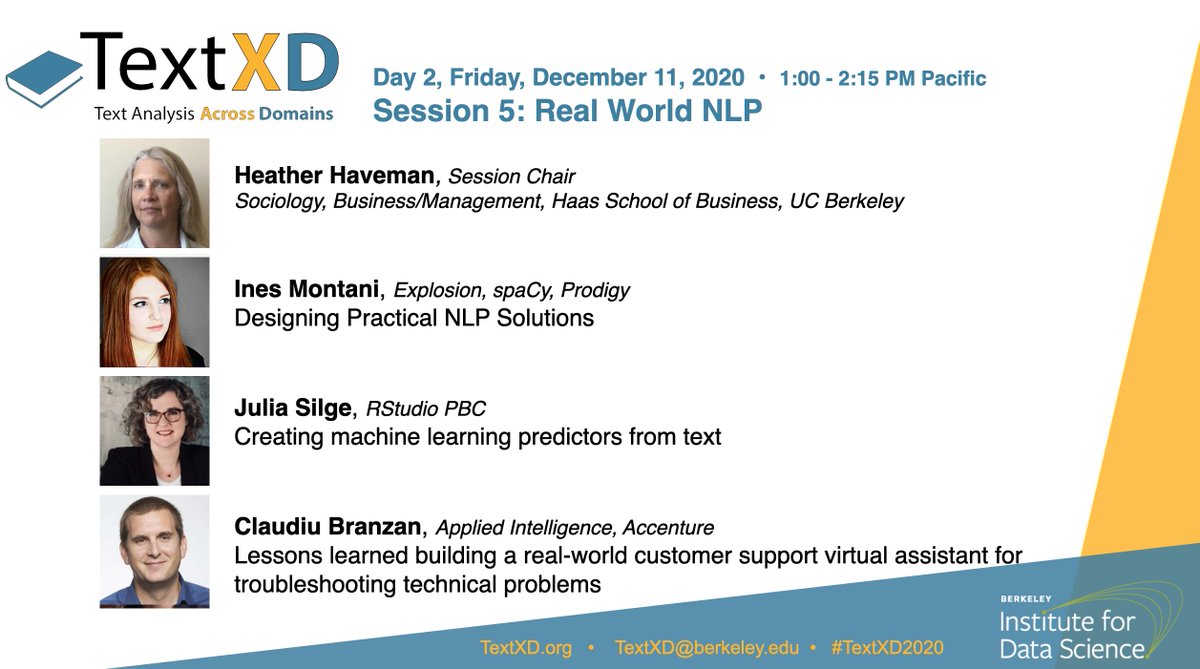 Next Session: Real World NLP w/ <a href="/_inesmontani/">Ines Montani</a>, Claudiu Branzan &amp; <a href="/juliasilge/">juliasilge@fosstodon.org</a> 🙌🏽

Starts at 1:00PM PST
Webinar link: berkeley.zoom.us/webinar/regist…

#NLP #DataScience #RStats