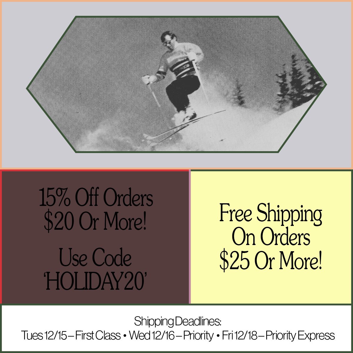 lauralucy_f's tweet photo. Last minute sale! 15% off orders of $20 or more with code ‘HOLIDAY20’ and free shipping on all orders $25 or more, no code necessary. And finally, those good old shipping deadlines: 12/15 first class, 12/16 priority, 12/18 priority express. https://t.co/eObzyRQGP4 https://t.co/XdAG8fXuLV