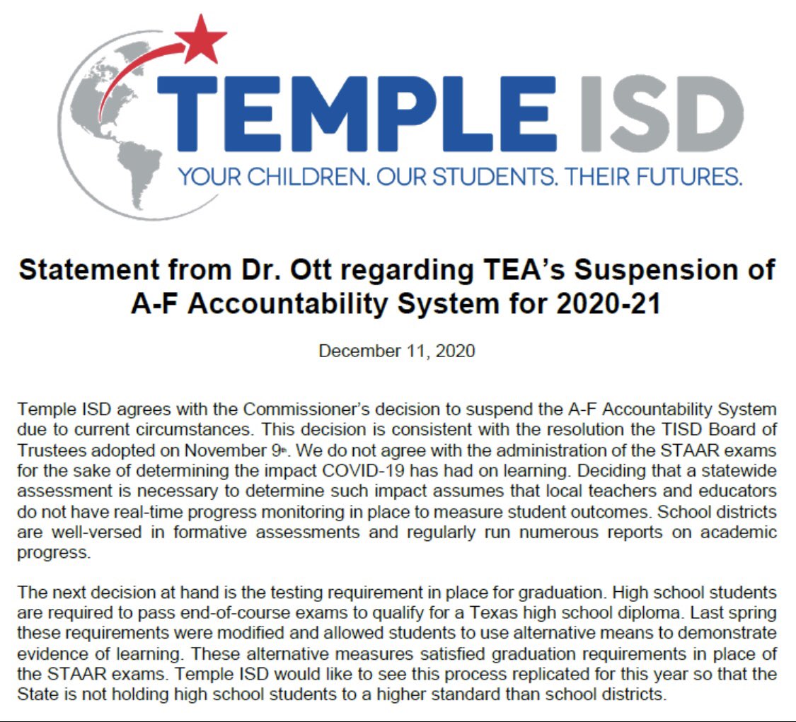 Statement on TEA’s Suspension of A-F Accountability System