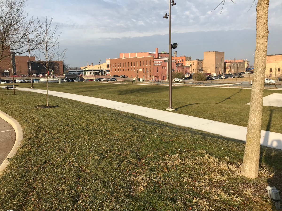 Work completed on the new "Central Park" in downtown Elkhart. Includes new lighting, walking path, new landscaping and green space, picnic tables, and new outdoor bandshell. First phase of the project/#5/6/10pm