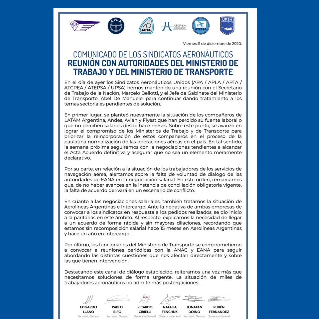 Comunicado: Sindicatos Aeronáuticos Unidos.-