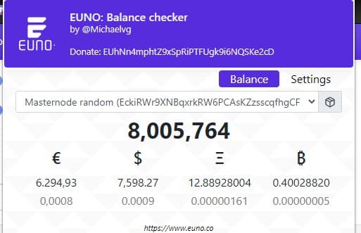 EunoCoin's tweet photo. A big thank you to @justmvg for creating a Euno extension that can be added to chrome, edge, and brave! 

Simply add your Euno address and it will show the most recent balance and value on your address!

@justmvg donation address -EUhNn4mphtZ9xSpRiPTFUgk9i6NQSKe2cD

#EunoPay #BTC https://t.co/37jWfr82mD