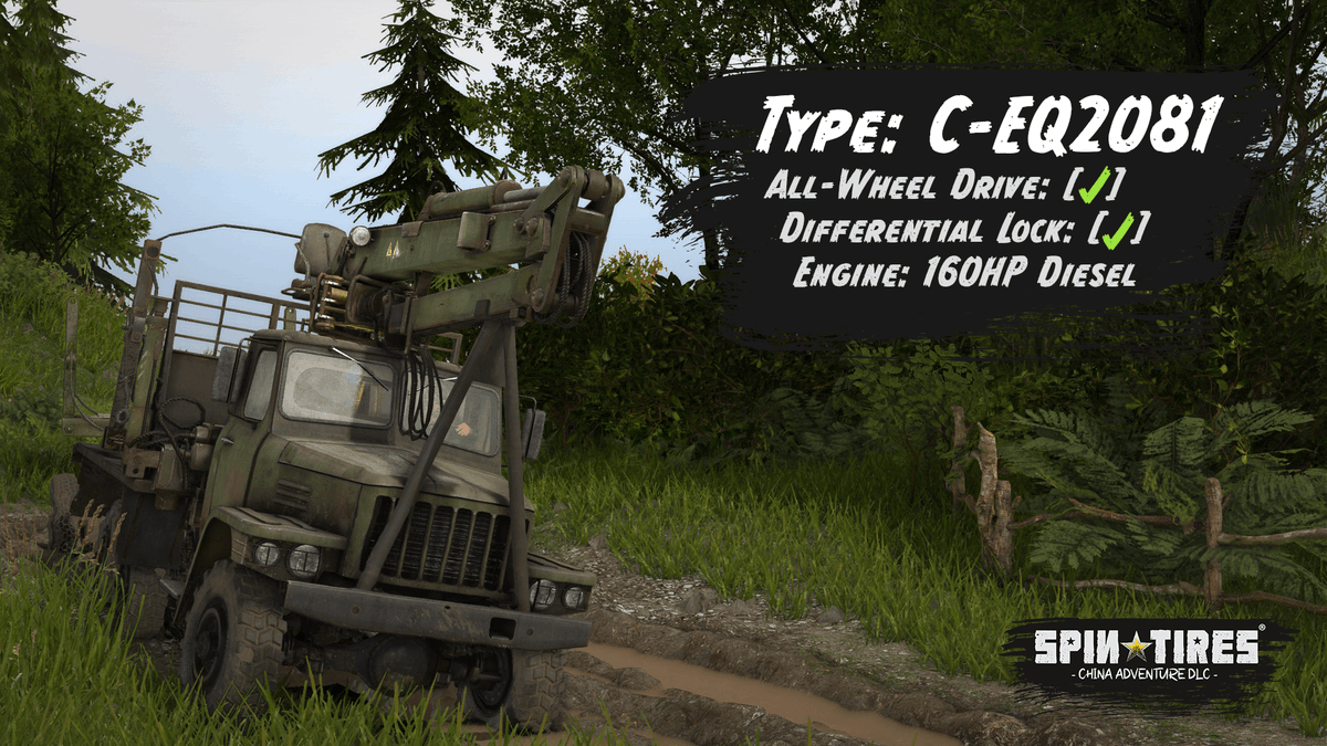 Spintires's tweet photo. Introducing the C-EQ2081, a heavy-duty 6X6 Chinese cargo truck, with its powerful diesel engine, intended for operations in mountainous areas. Spintires®: China Adventure DLC will be available on the 15th December 2020. Wishlist today! https://t.co/dKDtDZ9BgN https://t.co/yz4W141nEA