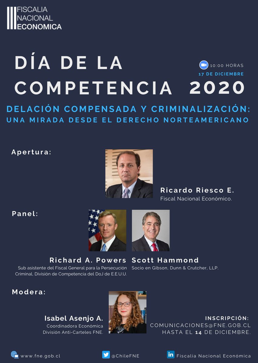 La FNE realizará el Día de la Competencia 2020, titulado “Delación Compensada y Criminalización: Una mirada desde el Derecho Norteamericano”, el jueves 17 de diciembre a las 10.00 horas, a través de Zoom. Inscripciones en comunicaciones@fne.gob.cl hasta el 14 de diciembre.