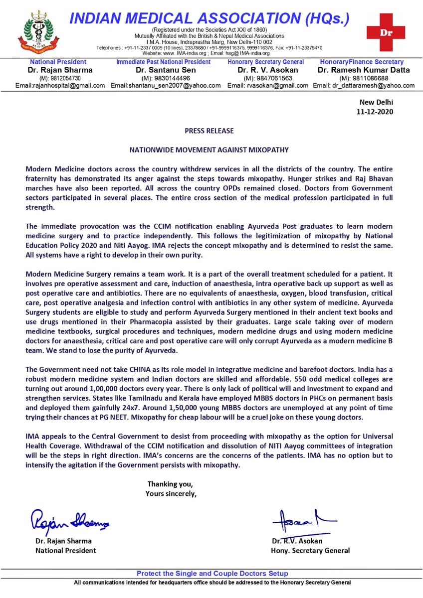 #IMA issued press release regarding nationwide movement against #MIXOPATHY and appeals to the Central Government to desist from proceeding with mixopathy at the option for universal health coverage.