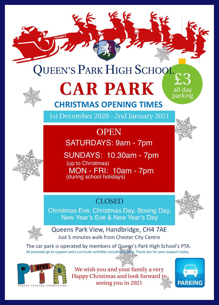 QUEEN’S PARK HIGH SCHOOL (@qphschester) on Twitter photo Pls RT:Looking for a safe & cheap alternative to city centre parking? Park all day for just £3 in our school car park manned by our PTA every weekend & during the school holidays. Only 5mins walk into #Chester or shop local <a href="/HandbridgeLife/">Handbridge Life</a> <a href="/ChristletonHS/">Christleton High School</a> <a href="/uochester/">University of Chester</a> #chestertweets Pls RT:Looking for a safe & cheap alternative to city centre parking? Park all day for just £3 in our school car park manned by our PTA every weekend & during the school holidays. Only 5mins walk into #Chester or shop local <a href="/HandbridgeLife/">Handbridge Life</a> <a href="/ChristletonHS/">Christleton High School</a> <a href="/uochester/">University of Chester</a> #chestertweets