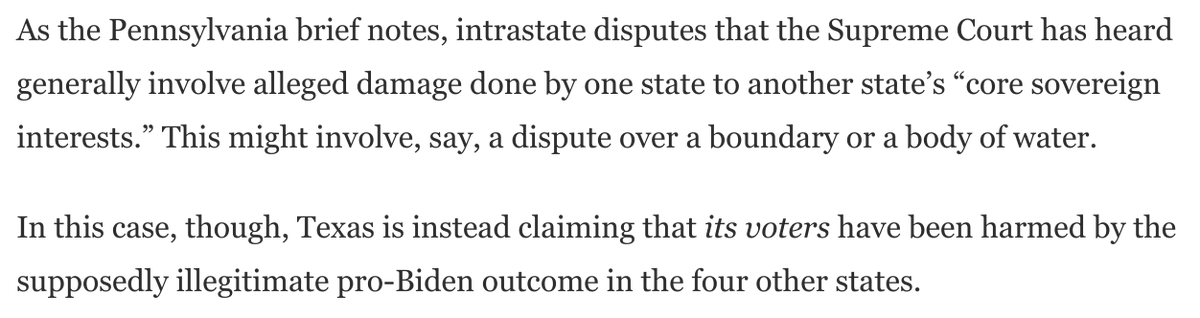 The Texas lawsuit's actual argument is that Texas *voters* were harmed by pro-Biden outcomes in four other states.Thus, the redress demanded is the imposition of Texas voters' will on the will of voters in those states.This is the *explicit* demand: https://www.washingtonpost.com/opinions/2020/12/11/scorching-reply-awful-texas-lawsuit-frames-stakes-moment/