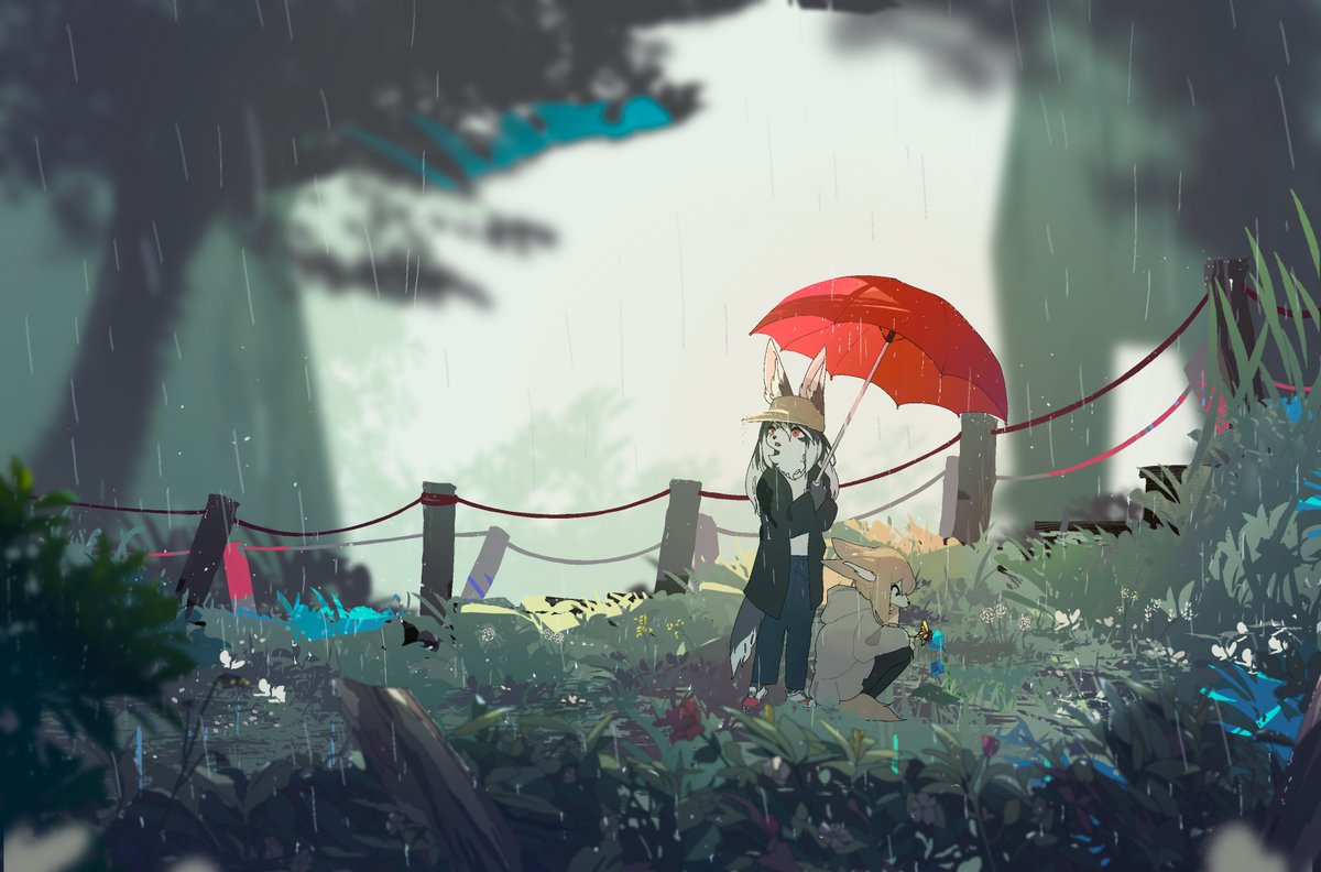 outdoors rain umbrella animal ears 1girl tail fox tail  illustration images