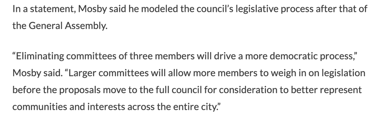 Fun fact: the average House of Delegates standing committee in Annapolis has 23 members out of a 140-(eligible) member body. All of the new Baltimore City Council members have 7 members out of 14 eligible members. Those ratios aren't even close:  https://www.wypr.org/post/mosby-halves-committee-structure-terms-first-council-meeting