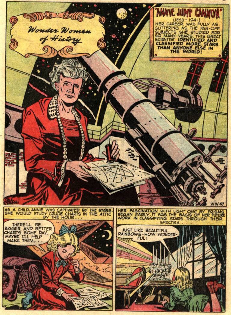 Here is a "Wonder Woman of History" profile of Annie Jump Cannon from a 1949 issue of the the Wonder Woman comic book.Credits: Julius Schwartz (writer), Paul Reinman (pencils), Bernard Sachs (inks)