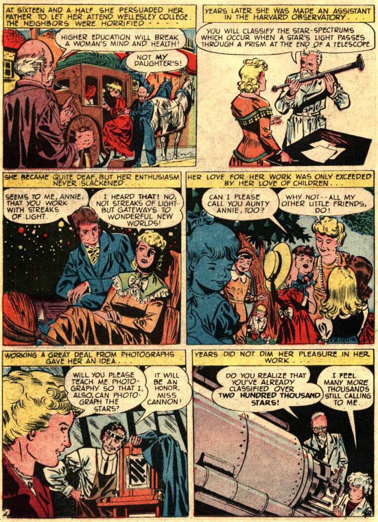 Here is a "Wonder Woman of History" profile of Annie Jump Cannon from a 1949 issue of the the Wonder Woman comic book.Credits: Julius Schwartz (writer), Paul Reinman (pencils), Bernard Sachs (inks)