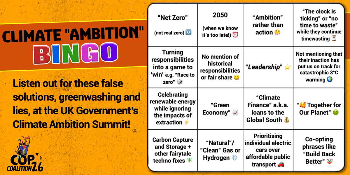  Tomorrow is the  @cop26uk Climate Ambition Summit. Governments from across the world will be blowing their own horns over weak and inadequate commitments. We’re playing bingo of their greenwashing, false solutions and fake ambition. Follow along with us!  #ClimateAmbitionBingo