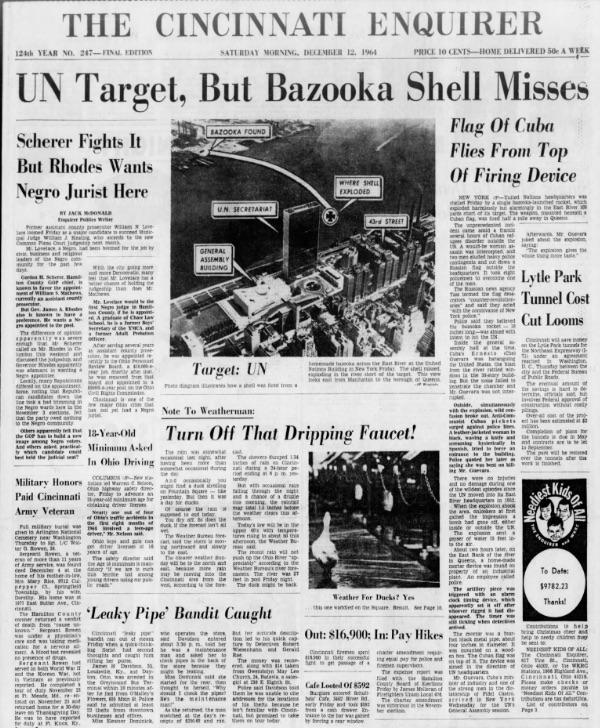 historyfaceapp's tweet photo. bazooka attack. Attached are front pages from LA, Cincinnati, &amp; NY's Daily News. A review of many news articles shows the majority mention Guevara sporting a beard. BTW... Per the NY Times, 3 foes of Castro were arrested on 12/23/1964 for a bazooka attack little remembered today. https://t.co/jk6jPFFVQu