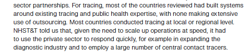 First, NAO look at the delivery model and compare the approach in England with 15 other countries. The testing ramp up in England has generally been impressive, but worth noting that for tracing, none of the other countries use outsourcing & most take a regional/local approach.