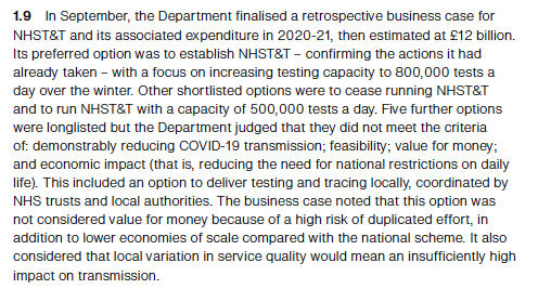 And despite the £12bn budget at the time, a retrospective business case in Sept suggested that local coordination of testing and tracing wouldn't be value for money (local authority capacity wasn't considered in the initial development of contact tracing).