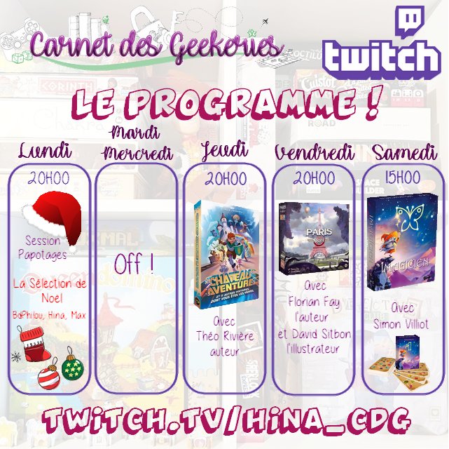 🚨 À 20h ce soir, on joue en live à Paris 1889 de chez <a href="/srywearefr/">Sorry We are French</a> avec Florian Fay, l'auteur et David Sitbon, l'illustrateur du jeu! 

Vous nous rejoignez ? L'occasion de papoter et de découvrir le jeu 💜

twitch.tv/hina_cdg
#j2s #bgg #boardgames
