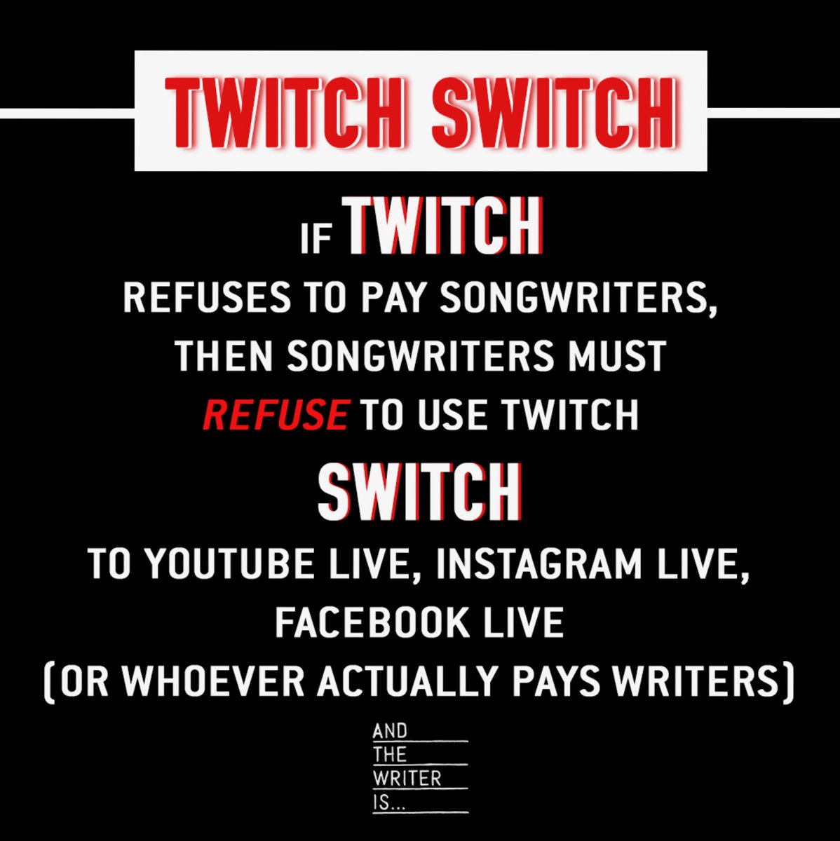 rossgolan's tweet image. SONGWRITERS! No one is going to protect our copyrights if we do not protect them ourselves. The people @twitch refuse to acknowledge or pay songwriters but use our music constantly. Tag someone who uses @twitch and ask them nicely to switch! Be loud. #twitchswitch