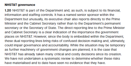 In this section, NAO touch on what it describes as the unusual governance arrangements of T&T, risking 'confused decision-making'.NHST&T is part of the Dept of Health & Social Care, yet its exec chair reports to PM and Cabinet Sec.