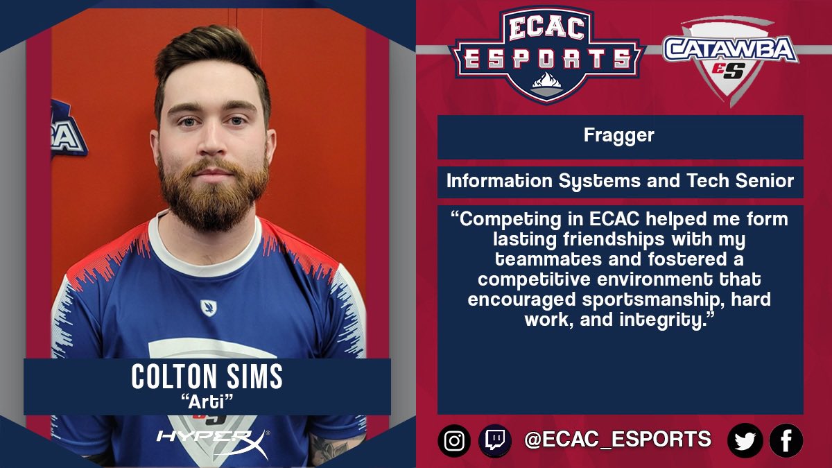 𝙋𝙡𝙖𝙮𝙚𝙧 𝙋𝙧𝙤𝙛𝙞𝙡𝙚 𝙎𝙥𝙤𝙩𝙡𝙞𝙜𝙝𝙩 𝙋𝙧𝙚𝙨𝙚𝙣𝙩𝙚𝙙 𝙗𝙮 <a href="/HyperX/">HyperX</a>! 

Meet <a href="/CatawbaEsports/">Catawba Esports</a> players:

➪ Tristan Van Wieringen <a href="/TW1STan/">Tristan vanWieringen</a> 
➪ Ryan Tindall <a href="/ShadowwwGG/">Ryan</a> 
➪ Colton Sims @Val_Arti 

&amp; hear what competing in the ECAC means to them! ⤵️