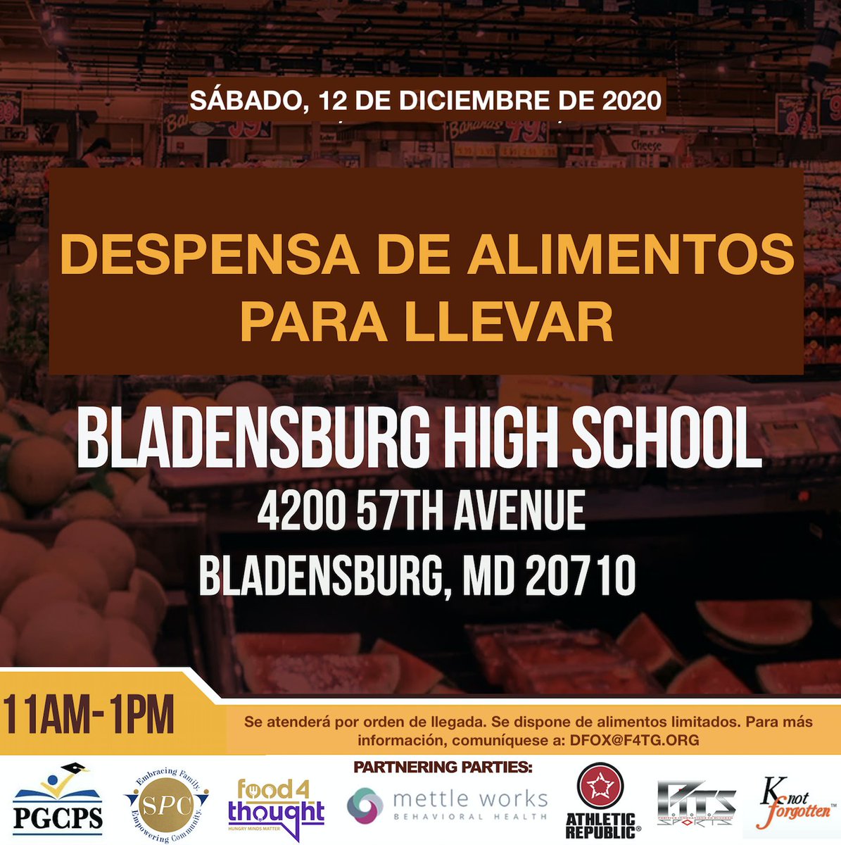 PGCPSPartners's tweet image. (Please RT) #PGCPSPartner #Food4Thought is hosting a #GrabAndGo to provide relief this Saturday, Dec. 12 from 11a.m.- 1p.m. at Bladensburg High School located at 4200 57th Avenue Bladensburg, MD 20710.