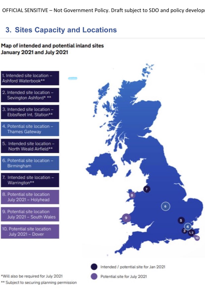 Three sites outside Kent - North Weald Airfield (Epping),  Warrington and Birmingham airport designated as transit checkpoints for lorries heading to Dover. Inland border facility also at Holyhead, Wales.