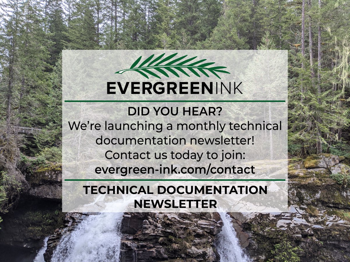 InkEvergreen's tweet photo. Did you hear?
We are launching a monthly technical documentation newsletter in January!
Contact us today to join: https://t.co/tY0qxgSf2A
#Newsletter #January2021 #SharingExpertise #TechnicalDocumentation #EngineerWriter #EngineerSupport #TechnicalWriter https://t.co/WzeaDlWswg