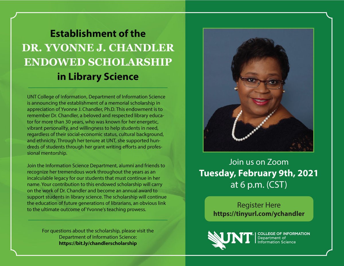 yunfei_du's tweet photo. UNT @UNTInfoScience has established the Yvonne J. Chandler Endowed Scholarship in Library Science: https://t.co/q6LhHIOTq6

Please join us a virtual fund-raising event on 2/9/2021 in remembrance of Dr. Chandler: https://t.co/LMkJyHn958 https://t.co/N5P0TXy2zU