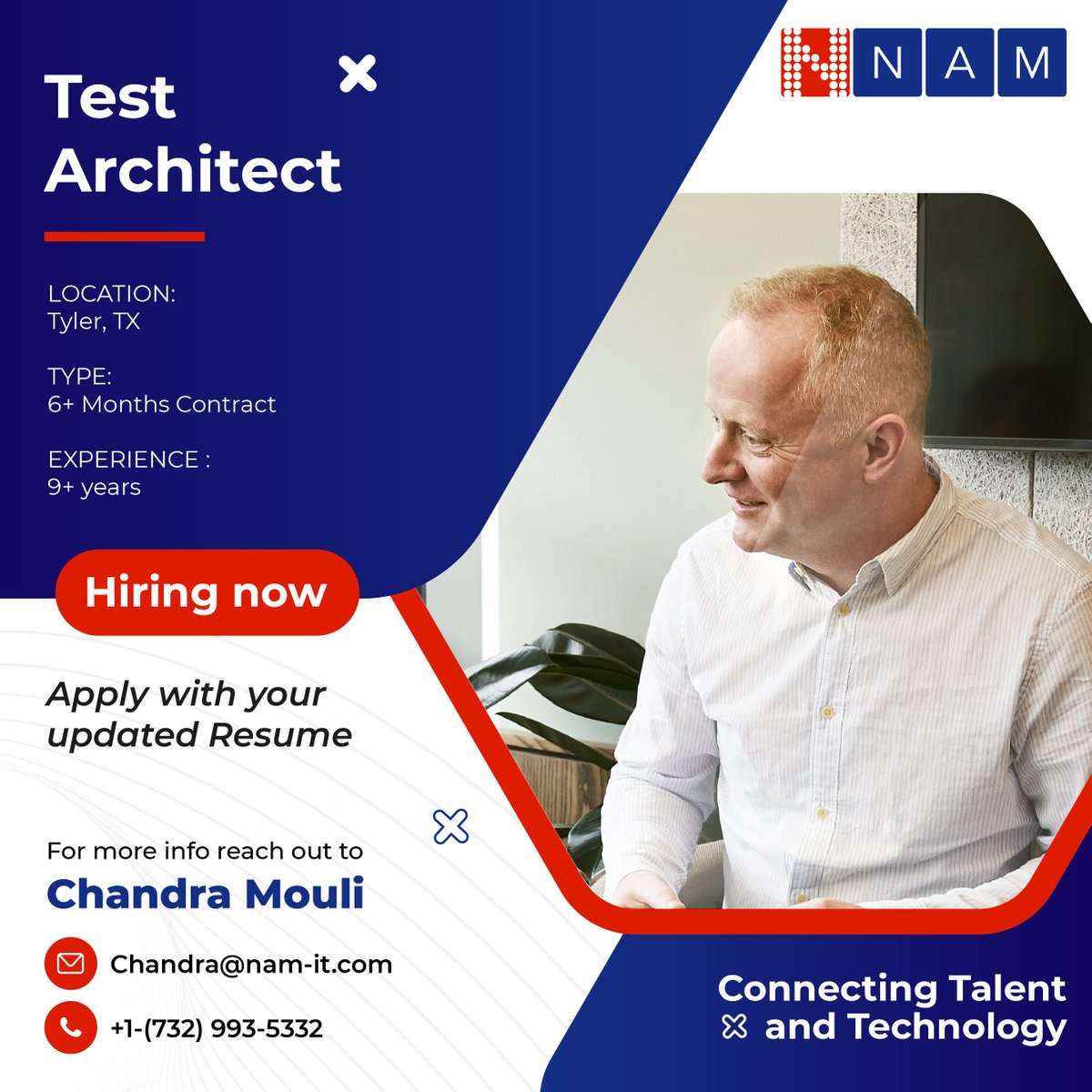 NAMINFO's tweet photo. We are Hiring: TEST ARCHITECT
Location: TYLER, TX
Type: 6+ Months Contract
Experience : 9+ Yrs

Reach out to Chandra@nam-it.com with your resume or 
call +1 (732) 993 5332
#qaengineer #testarchitect #testautomation #GX #Omnichannel  #Selenium, #Appium #DevOps #JIRA https://t.co/yuIDVOS0Ns