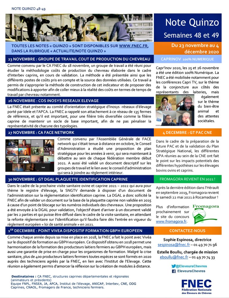 EleveursChevres's tweet image. Retrouvez la dernière #NoteQuinzo de la #FNEC : coût de production du chevreau, COS #Inosys réseaux d'élevage, #Caprinov 100% numérique, CA #FACEnetwork, GT #PAC #CNE, GT plaquette identification #caprine, retour de #Fromagora, et dispositif #Vivea de formation au #GBPHeuropeen