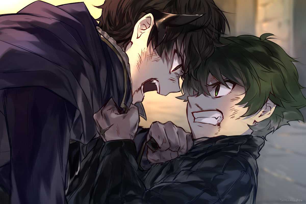 multiple boys 2boys male focus green hair green eyes teeth looking at another  illustration images