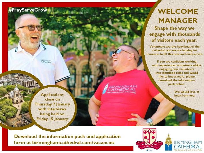 bhamcathedral's tweet photo. Volunteers are the heartbeat of the cathedral & we are looking for someone to fill this new & unique role. If you are confident working with experienced volunteers whilst engaging new ones get in touch. Details https://t.co/qCgWUsoiKP #CathedralLife #BirminghamJobs #thekeyproject https://t.co/NixQ9QLPbR