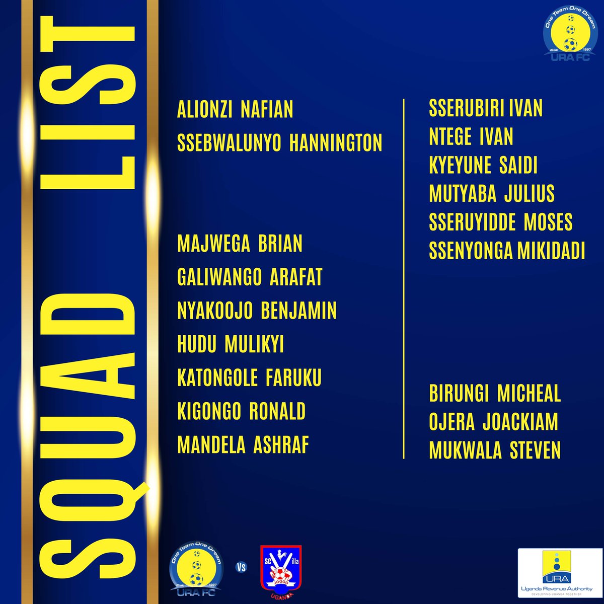 URAFC_Official's tweet photo. SQUAD LIST | The #URAFC 18 man squad to face SC Villa tomorrow.
#URAVIL #OneTeaOneDream https://t.co/L51z08wJOm