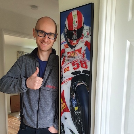 Congratulations to our winner from the @motorcyclelive  competition.  Looks like Robs wall was just waiting for this amazing piece of artwork :) He is as pleased as punch :) Thanks to everyone that enetered #competitionwinner #MotoGP #marcosimoncelli58 #artwork