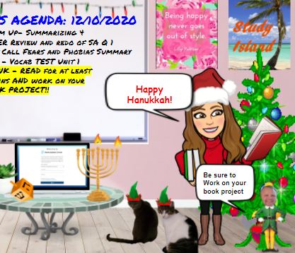 MrsTalmoHB's tweet photo. Students were #resilient revising their short answer responses and taking their first vocab test. They enjoyed seeing the first Hanukkah candle lit in our virtual classroom and #MrBastianellionashelf's reminder about their book projects! #ELA #RemoteLeaning #WarriorStrong https://t.co/wLz0FjrAbS