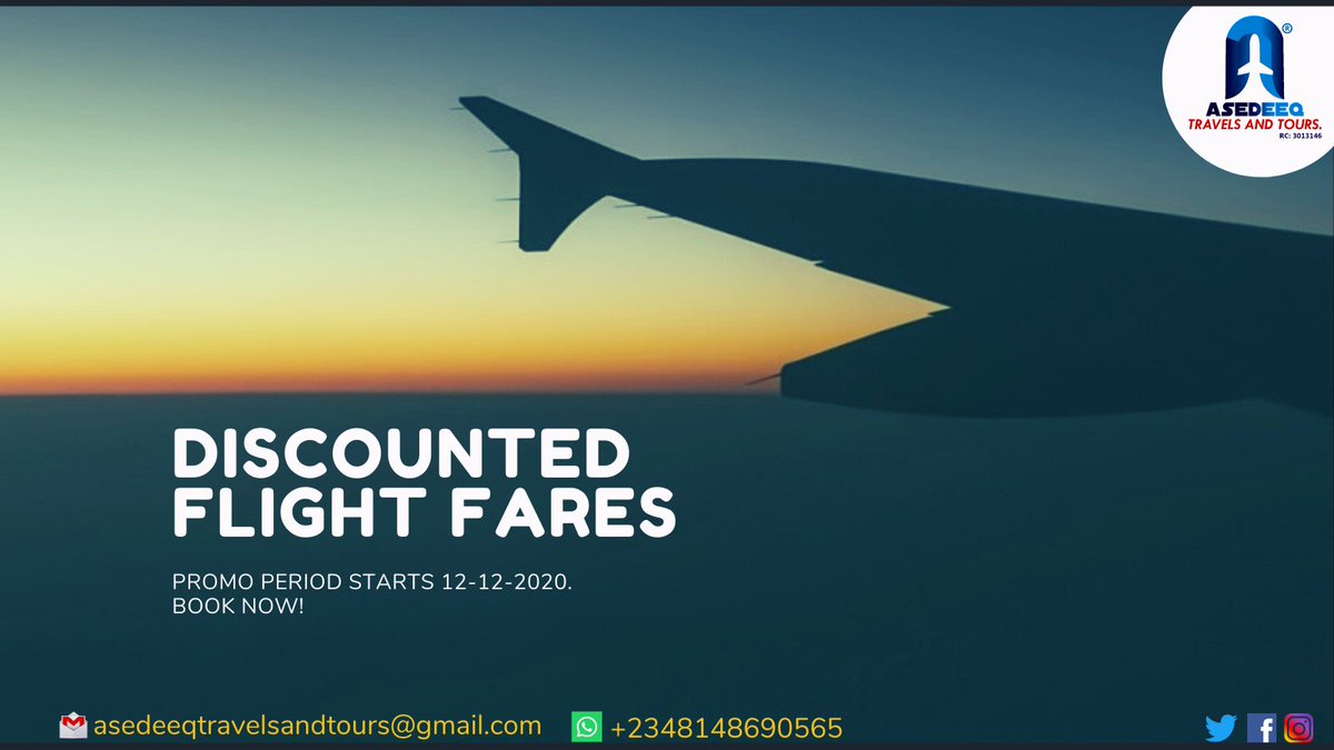 asedeeqtravels's tweet photo. DISCOUNTED FLIGHT FARES
#airfaredeals #flightbooking #tickets
#flightfare #flightickets #travel #flightoffers #planetickets #cheapflight #travelling #flightdiscount #flight #flightdeals #airfare #domesticflight #localflight #internationalflight #lagos #asedeeqtravels https://t.co/SMc03VwhJh