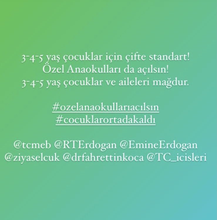 Özel okul öncesi birdir. Özel anaokulları açılsın. Aileler, çocuklar ve kurumlar olarak güzel haberler bekliyoruz. 
#ozelanaokuluacılsın <a href="/tcmeb/">Millî Eğitim Bakanlığı</a> <a href="/RTErdogan/">Recep Tayyip Erdoğan</a> <a href="/EmineErdogan/">Emine Erdoğan</a> <a href="/TC_icisleri/">T.C. İçişleri Bakanlığı</a> <a href="/drfahrettinkoca/">Dr. Fahrettin Koca</a>