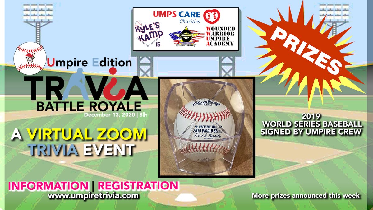 Prize Announcement |  2️⃣0️⃣1️⃣9️⃣ World Series Baseball ⚾signed by umpire crew! | Join us THIS SUNDAY NIGHT! Sign Up 👉 UmpireTrivia.com | ALL umpires are WELCOME!
In support of great charities:
⚾ <a href="/KylesKamp/">Kyle's Kamp</a>
⚾ <a href="/UmpsCare/">UmpsCare ⚾️</a>
⚾ @WWUA2014