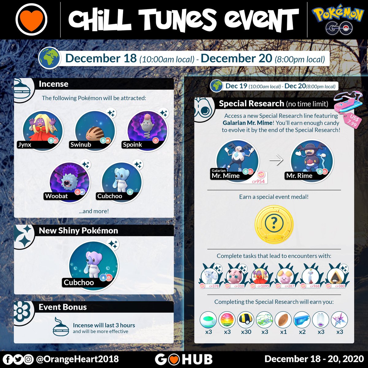 OrangeHeart2018's tweet photo. The CHILL TUNES weekend event in Pokémon GO is coming next week!!🤗🧡 here are the details! #mrrime #mrmime #pokemongo #pokemontrainer #teamvalor #teaminstinct #teammystic #orangeheartdesign #niantic #nintendo #pogohub https://t.co/MtfLMvFKnt