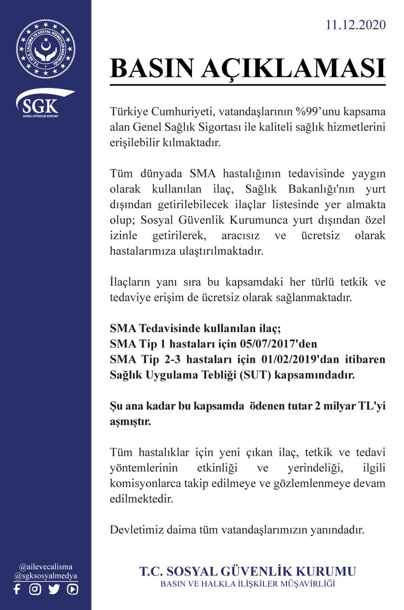 SMA Hastalığı Hakkında Basın Açıklamamız 💊

sgk.gov.tr/wps/portal/sgk…