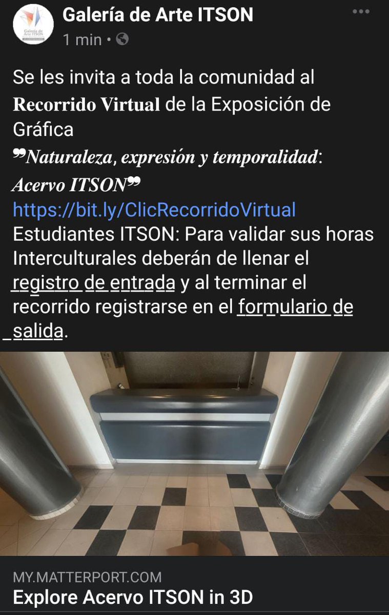 𝐑𝐞𝐜𝐨𝐫𝐫𝐢𝐝𝐨 𝐕𝐢𝐫𝐭𝐮𝐚𝐥 de la Exposición 
❞𝑵𝒂𝒕𝒖𝒓𝒂𝒍𝒆𝒛𝒂, 𝒆𝒙𝒑𝒓𝒆𝒔𝒊𝒐́𝒏 𝒚 𝒕𝒆𝒎𝒑𝒐𝒓𝒂𝒍𝒊𝒅𝒂𝒅: 𝑨𝒄𝒆𝒓𝒗𝒐 𝑰𝑻𝑺𝑶𝑵❞
bit.ly/ClicRecorridoV…
Validar horas Interculturales: llenar r̲e̲g̲i̲s̲t̲r̲o̲ ̲e̲n̲t̲r̲a̲d̲a̲ y al final el d̲e̲ ̲s̲a̲l̲i̲d̲a̲