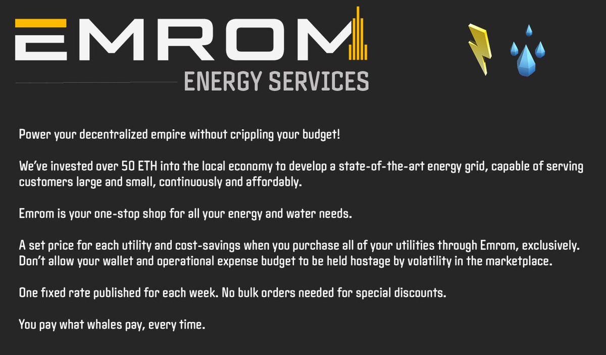 EmromCorp's tweet photo. #Emrom has big news for energy & water consumers in #MegaCryptoPolis! We're going to take the guess work out of financial planning for your supply chain and offer set weekly locked-in rates. You pay what whales pay! Are you ready to be powered by #EmromEnergyServices? https://t.co/2g6o8Kwruc