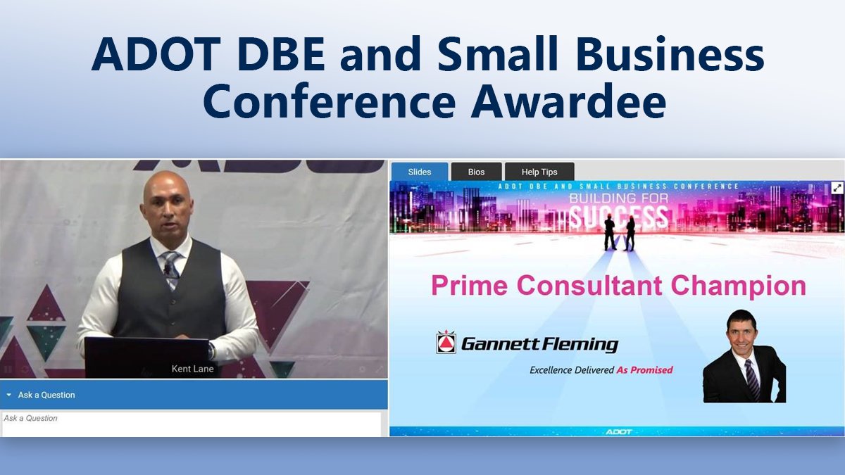 GannettFleming's tweet photo. We're honored to be recognized by the @ArizonaDOT for our work &amp; dedication to supporting disadvantaged business enterprises. At the DBE &amp; Small Business Virtual Conference, Gannett Fleming received the Prime Consultant Champion #award. We're proud to support our DBE partners! https://t.co/r87oh7XHA0