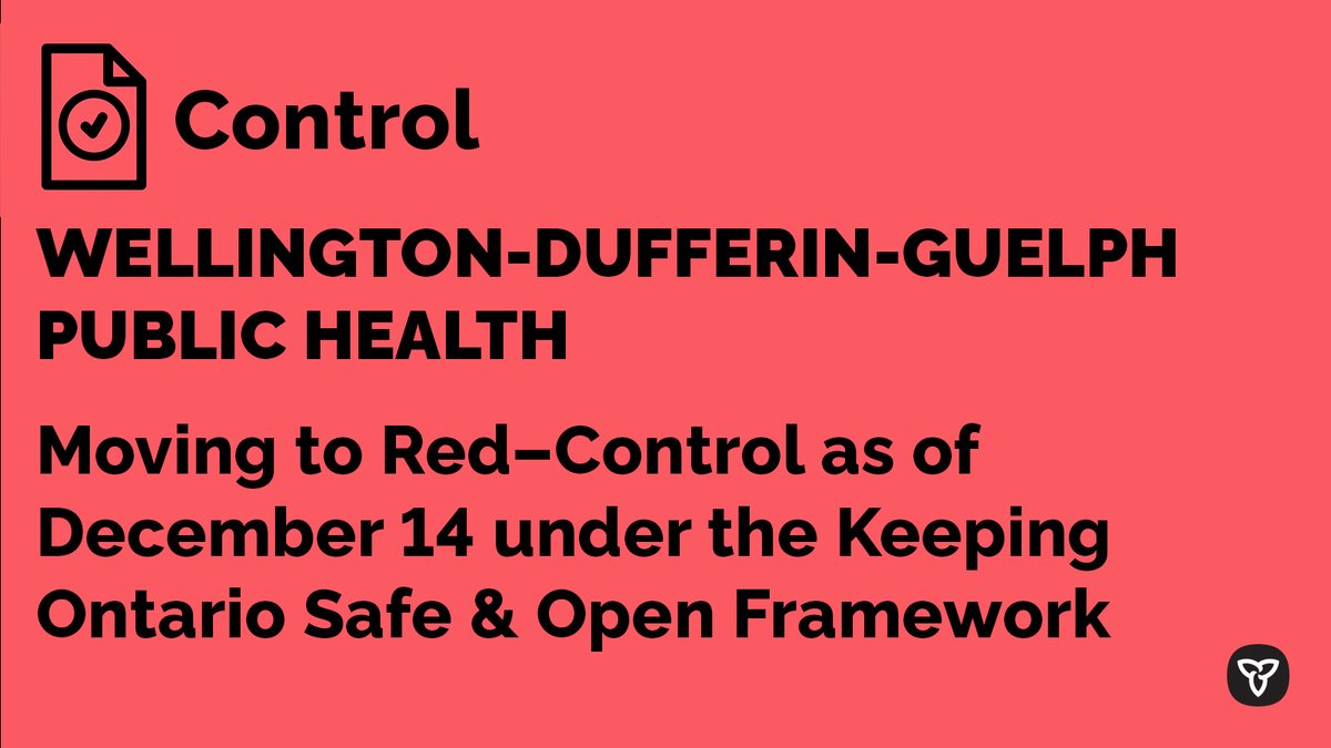 Effective Dec 14 at 12:01 a.m., <a href="/WDGPublicHealth/">WDG Public Health</a> is moving to Red–Control under the Keeping Ontario Safe and Open Framework. 

Learn about the #PublicHealth measures you need to follow at: Ontario.ca/covidresponse
