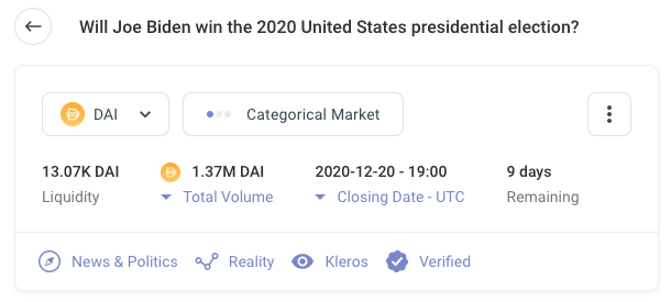 So... did Joe Biden win the U.S. election?All 50 states and DC have certified their election results, but his victory won't be "official" until after the electoral college confirms it on 6 January, after the  @Omen_ethmarket is set to close: https://omen.eth.link/#/0x95b2271039b020aba31b933039e042b60b063800